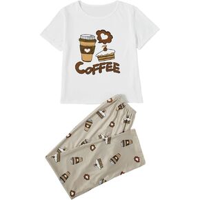 GORGLITTER Women's 2 Piece Pajama Set Letter Print Short Sleeve Crewneck Tee with Polka Dots Long Pants