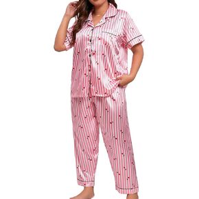 WDIRARA Women's Plus Size 2 Piece Satin Sleepwear Striped Pajama Set Short Sleeve Shirt and Loose Pants Sets