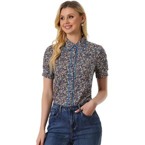 Allegra K Peter Pan Collar Blouse for Women's Contrast Trim Puff Sleeve Peasant Floral Shirt
