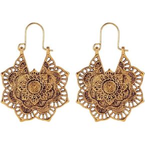 Boho Antique Carved Flower Dangle Drop Earrings for Women Girls Vintage Retro Handmade Hollowed Antiqued Bronze Floral Shaped Geometric Gold Silver Plated Hoop Earrings for Ethnic Style Jewelry Gifts