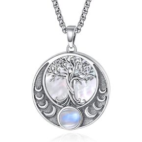 TUNGSTORY Tree of Life Necklace for Women - Triple Moon Goddess/Moon Phase Moonstone Necklaces 925 Sterling Silver Round Abalone Shell/Mother of Pearl/Black Onyx Pendant Necklace