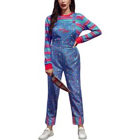 Spadehill Women Halloween Costume Blue Cartoon Jumpsuit Overalls and Striped Shirt Cosplay