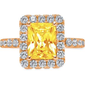 Clara Pucci 4 Brilliant Emerald Cut Solitaire Accent Halo Stunning Genuine Flawless Natural Yellow Citrine Gem Designer Modern Ring Solid 18K Rose Gold