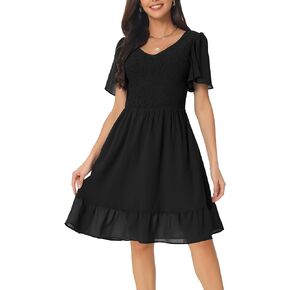 Women's Summer Chiffon Dresses Smocked V Neck Flutter Short Sleeve Flowy Casual Dress with Pockets