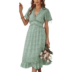 فستان نسائي من BROVAVE للربيع والصيف كاجوال بطباعة زهور وأكمام قصيرة ورقبة على شكل حرف V ومكشكش متوسط ​​الطول in Kuwait