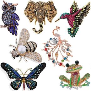Kiddale 7 PCS Woman Girl Animal Brooch Pins Set Crystal Rhinestone Pin Vintage Colorful Owl Elephant Butterfly frog Hummingbird Bee Brooch Animal and Insect Brooch Gift for Women