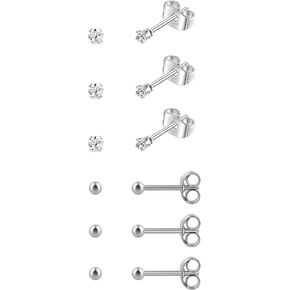 6Pairs 2mm/3mm Surgical Steel Hypoallergenic Piercing Studs, 20G 14K Real Gold Filled Tiny Stud Earrings Set for Multiple Hole Piercing (Cubic Zirconia, Pearl, Ball)