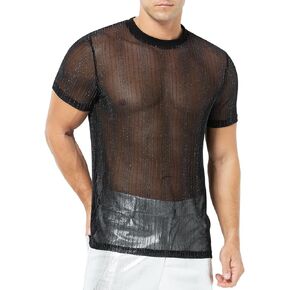Arjen Kroos Men's Sequin T Shirt Disco Sparkly Contrast Glitter Rave Hot Tops T-Shirt