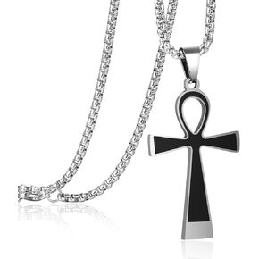 Rehoboth Ankh Ancient Egyptian Coptic Cross Pendant Necklace for Boys Womens Mens 24 Inch Stainless Steel Chain Black Gold Silver