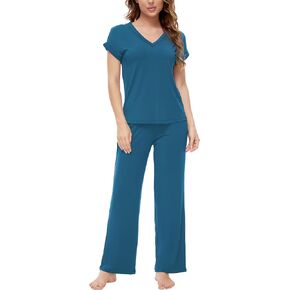 GYS Soft Bamboo Pajamas for Women Short Sleeve Shirt and Full-Length Bottom Pajama Set V Neck Pjs Sleepwear