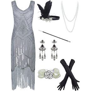 FUNDAISY 20s Flapper Gatsby Sequin Beaded Evening Cocktail Dress with accessories set