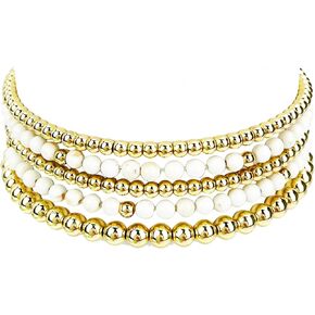 14K Gold Plated Beaded Bracelets Letter Stretch Dainty Stackable Bracelet for Women Girls