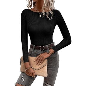 SweatyRocks Women's Basic Long Sleeve Boat Neck Top Ribbed Knit Slim Fit Pullover Sweater