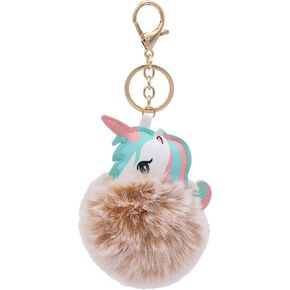Real Sic Unicorn Pom Pom Keychain - Faux Fur Fluffy Fuzzy Charm For Women & Girls