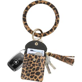 Keychain Purse Wrist Bag Women's Tassel Keychain Bracelet Ring Round Faux Leather Bracelet