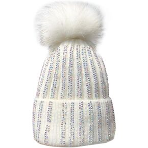 Womens Knitted Beanie Hat with Faux Fur Pompom, Winter Soft Warm Bling Rhinestone Ski Hat Skull Cap