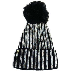 Womens Knitted Beanie Hat with Faux Fur Pompom, Winter Soft Warm Bling Rhinestone Ski Hat Skull Cap