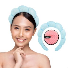 Puffy Spa Headband, Black Spa Headband, Spa Headband for Washing Face, Skincare Headbands,Terry Towel Cloth Cute Bubble Headband, Makeup Headband with Makeup Remover Pad (BLACK)