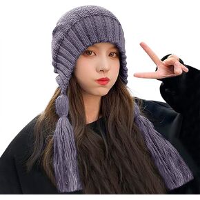 Women Winter Warm Knit Hat Slouchy Beanie Ear Flaps Cute Trapper Hat with Long Braided Tassel