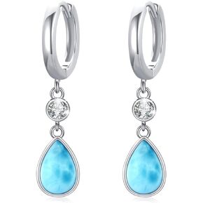 Teardrop Larimar Hoop Earrings S9025 Sterling Silver Natural Larimar Gem Stone Small Huggie Drop Dangle Earring Jewelry Gifts for Women Girls