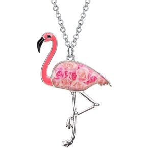 DOWAY Floral Flamingo Necklace for Women Girls, Red Bird Pendant Jewelry Gift with Floral Enamel