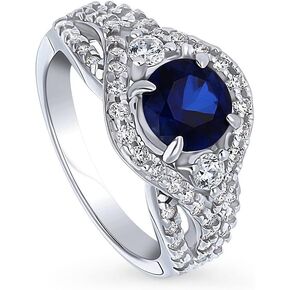 BERRICLE Sterling Silver 3-Stone Simulated Blue Sapphire Round Cubic Zirconia CZ Woven Cocktail Fashion Ring for Women, Rhodium Plated Size 4-10