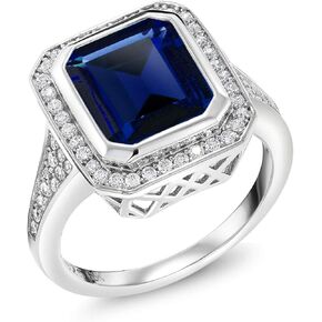 Gem Stone King 925 Sterling Silver Simulated Sapphire Ring For Women (5.00 Cttw, Emerald Cut 11X9MM)
