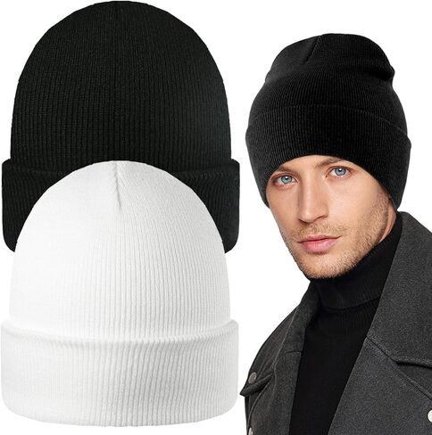 2PCS Beanie for Men, Stretchy Soft Cuffed Wooly Beanie with Thick Warm Lining, Unisex Classic Winter Hat, Gifts for Women Men Her Him Dad (Black and White), Black and White, One size in Saudi Arabia