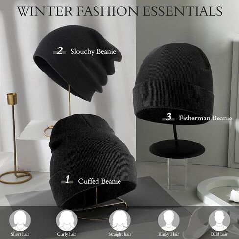 2PCS Beanie for Men, Stretchy Soft Cuffed Wooly Beanie with Thick Warm Lining, Unisex Classic Winter Hat, Gifts for Women Men Her Him Dad (Black and White), Black and White, One size in Saudi Arabia