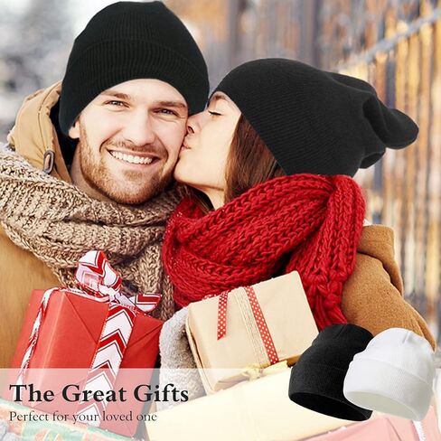 2PCS Beanie for Men, Stretchy Soft Cuffed Wooly Beanie with Thick Warm Lining, Unisex Classic Winter Hat, Gifts for Women Men Her Him Dad (Black and White), Black and White, One size in Saudi Arabia
