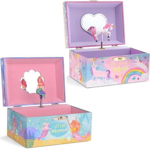 صندوق مجوهرات حورية البحر بألوان قوس قزح الموسيقية للفتيات من Jewelkeeper، حزمة تصميم رقائق ذهبية مع صندوق تخزين المجوهرات الموسيقية للفتيات مع وحيد القرن الدوار، تصميم حلوى القطن يونيكورن in Kuwait
