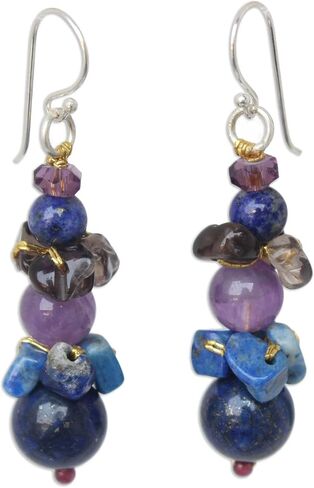 NOVICA Artisan Handmade Lapis Lazuli Amethyst Beaded Earrings .925 Sterling Silver Glass Garnet Smoky Quartz Blue Multicolor Purple Dangle Thailand Birthstone 'Thai Harmony' in Saudi Arabia