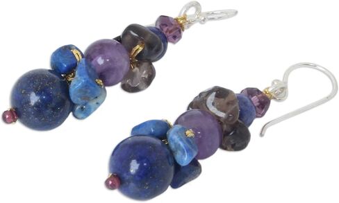 NOVICA Artisan Handmade Lapis Lazuli Amethyst Beaded Earrings .925 Sterling Silver Glass Garnet Smoky Quartz Blue Multicolor Purple Dangle Thailand Birthstone 'Thai Harmony' in Saudi Arabia