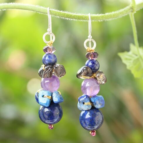 NOVICA Artisan Handmade Lapis Lazuli Amethyst Beaded Earrings .925 Sterling Silver Glass Garnet Smoky Quartz Blue Multicolor Purple Dangle Thailand Birthstone 'Thai Harmony' in Saudi Arabia