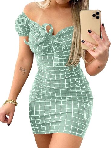 SOMTHRON Women's Plaid Print Off Shoulder Sweetheart Neckline Mini Dress High Waist Tie Front Ruffled Short Dresses in Saudi Arabia