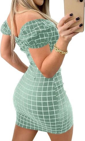 SOMTHRON Women's Plaid Print Off Shoulder Sweetheart Neckline Mini Dress High Waist Tie Front Ruffled Short Dresses in Saudi Arabia