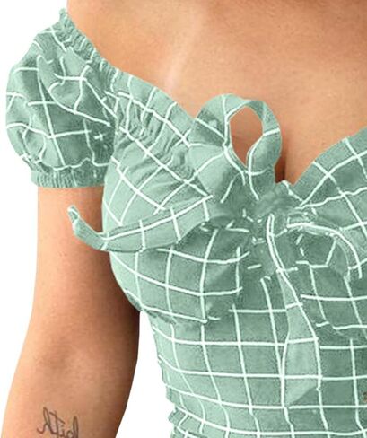 SOMTHRON Women's Plaid Print Off Shoulder Sweetheart Neckline Mini Dress High Waist Tie Front Ruffled Short Dresses in Saudi Arabia