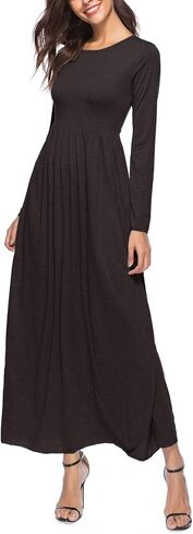 Rooscier Women's Round Neck Ruched Long Sleeve A Line Loose Casual Long Dress in Saudi Arabia