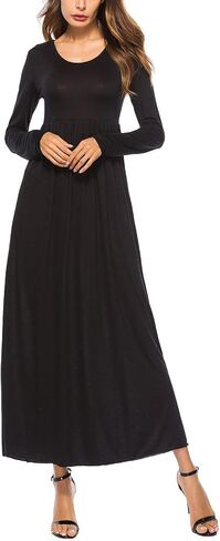 Rooscier Women's Round Neck Ruched Long Sleeve A Line Loose Casual Long Dress in Saudi Arabia