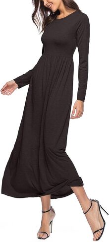 Rooscier Women's Round Neck Ruched Long Sleeve A Line Loose Casual Long Dress in Saudi Arabia