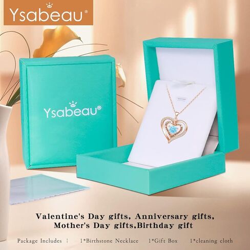Ysabeau Jewelry for Women Birthstone Necklace Rose Gold Plated 925 Sterling Silver Necklace for Women, Heart Pendant Necklaces Gift for Her Wife Mom Birthday Anniversary Mother's Day Valentine's Day in Kuwait