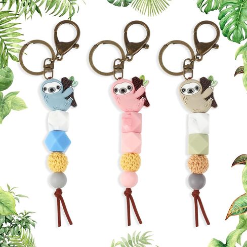 Tondiamo 3 Pcs Christmas Sloth Gifts Sloth Keychain for Women Girl Silicone Bead Cute Animal Sloth Car Accessories Tassel Sloth Key Chain Bag Charm for Purse, Handbags, Backpack, Car Keys, 3 Colors in Saudi Arabia
