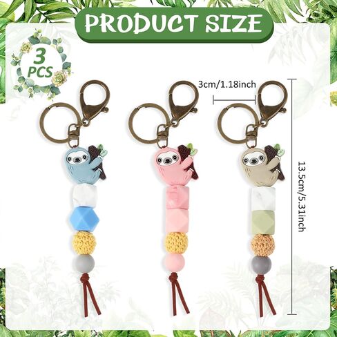 Tondiamo 3 Pcs Christmas Sloth Gifts Sloth Keychain for Women Girl Silicone Bead Cute Animal Sloth Car Accessories Tassel Sloth Key Chain Bag Charm for Purse, Handbags, Backpack, Car Keys, 3 Colors in Saudi Arabia