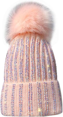 Womens Knitted Beanie Hat with Faux Fur Pompom, Winter Soft Warm Bling Rhinestone Ski Hat Skull Cap in Kuwait