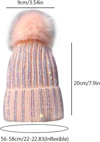 Womens Knitted Beanie Hat with Faux Fur Pompom, Winter Soft Warm Bling Rhinestone Ski Hat Skull Cap in Kuwait