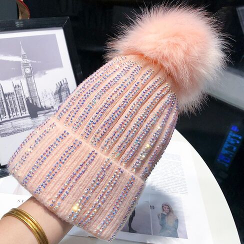 Womens Knitted Beanie Hat with Faux Fur Pompom, Winter Soft Warm Bling Rhinestone Ski Hat Skull Cap in Kuwait