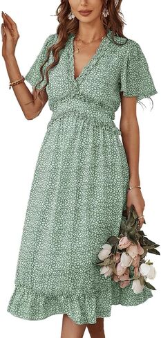 فستان نسائي من BROVAVE للربيع والصيف كاجوال بطباعة زهور وأكمام قصيرة ورقبة على شكل حرف V ومكشكش متوسط ​​الطول in Kuwait