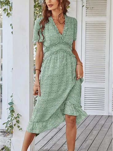 فستان نسائي من BROVAVE للربيع والصيف كاجوال بطباعة زهور وأكمام قصيرة ورقبة على شكل حرف V ومكشكش متوسط ​​الطول in Kuwait