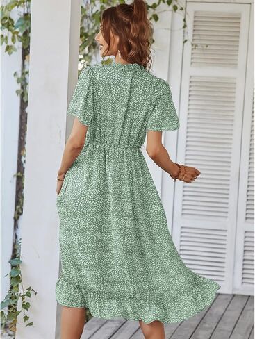 فستان نسائي من BROVAVE للربيع والصيف كاجوال بطباعة زهور وأكمام قصيرة ورقبة على شكل حرف V ومكشكش متوسط ​​الطول in Kuwait