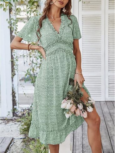 فستان نسائي من BROVAVE للربيع والصيف كاجوال بطباعة زهور وأكمام قصيرة ورقبة على شكل حرف V ومكشكش متوسط ​​الطول in Kuwait